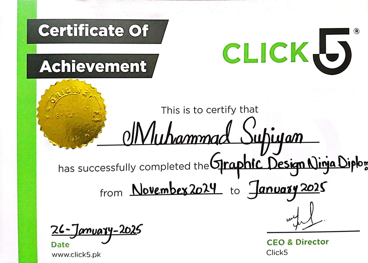Click5 Graphic Design Ninja diploma certificate
