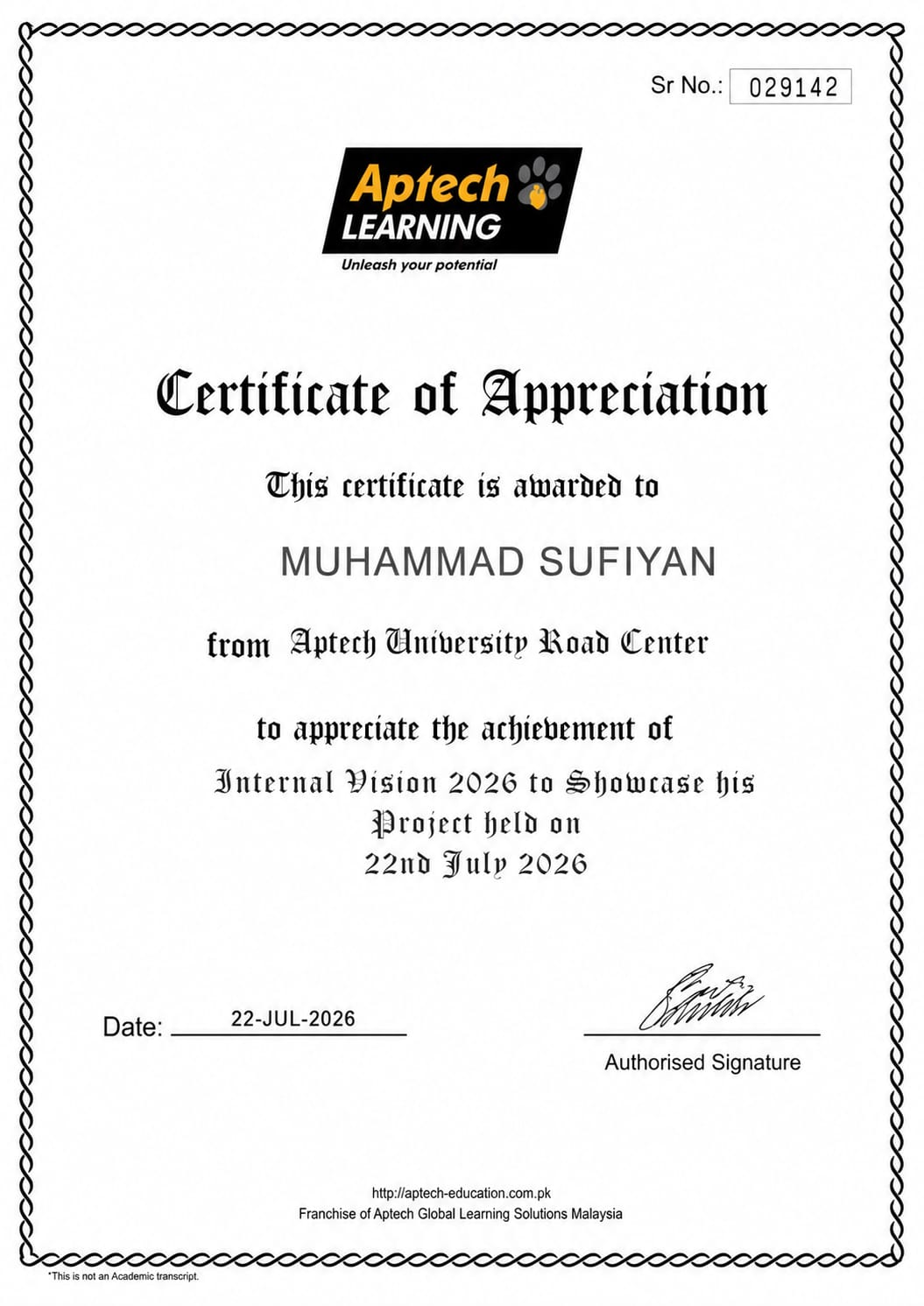 Aptech Internal Vision 2026 certificate of appreciation